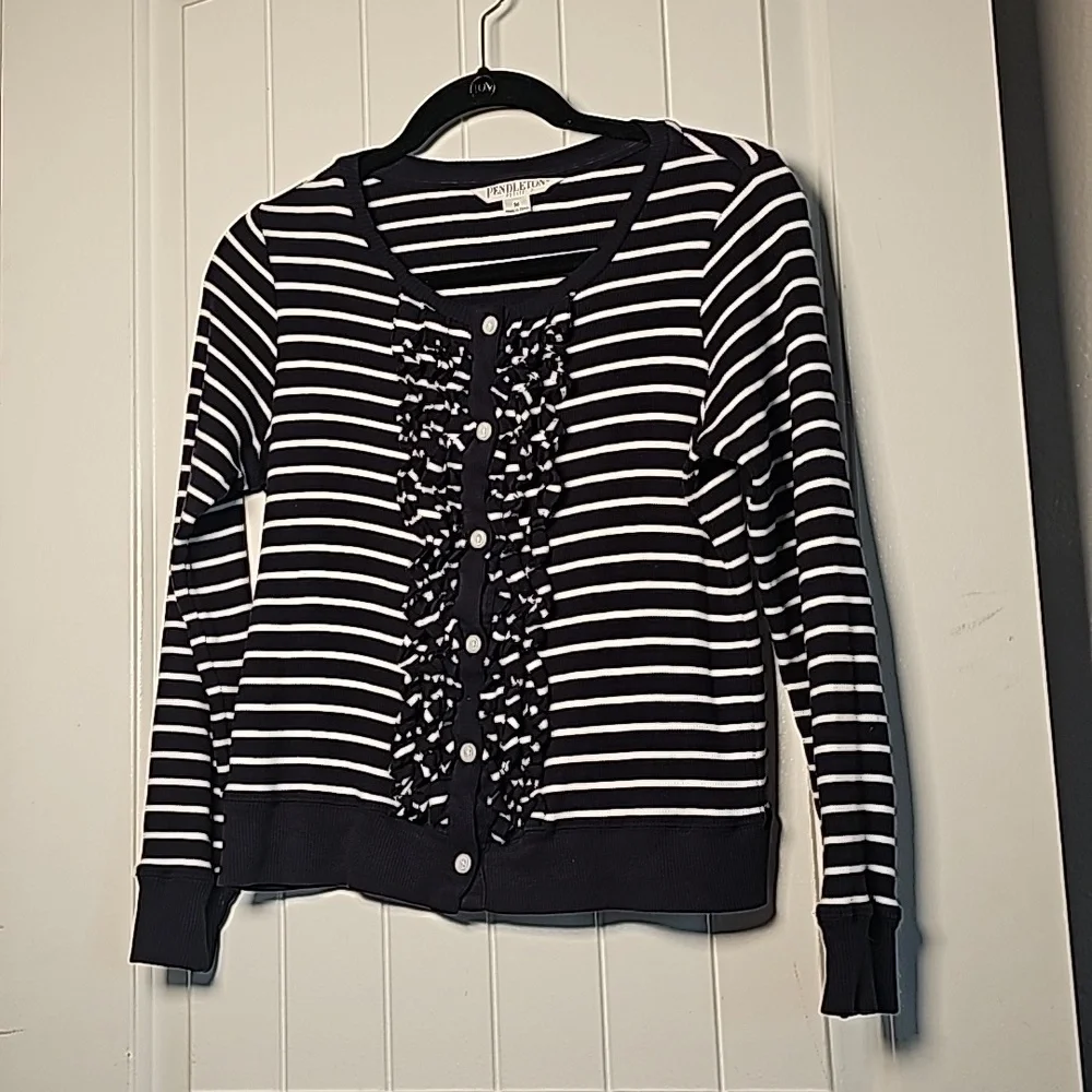 Pendleton MP navy blue/white striped ruffled cardigan - Picture 1 of 15